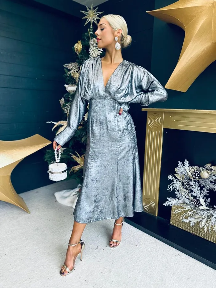 Women Day Dress Canella Lane Evana Batwing Metallic Midi Dress Silver