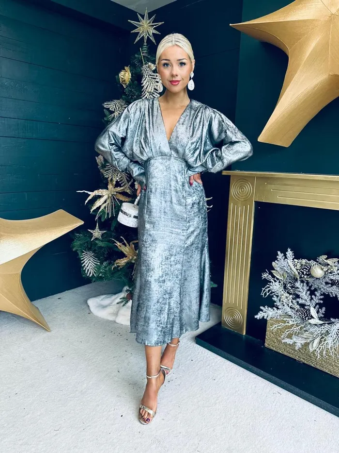 Women Day Dress Canella Lane Evana Batwing Metallic Midi Dress Silver
