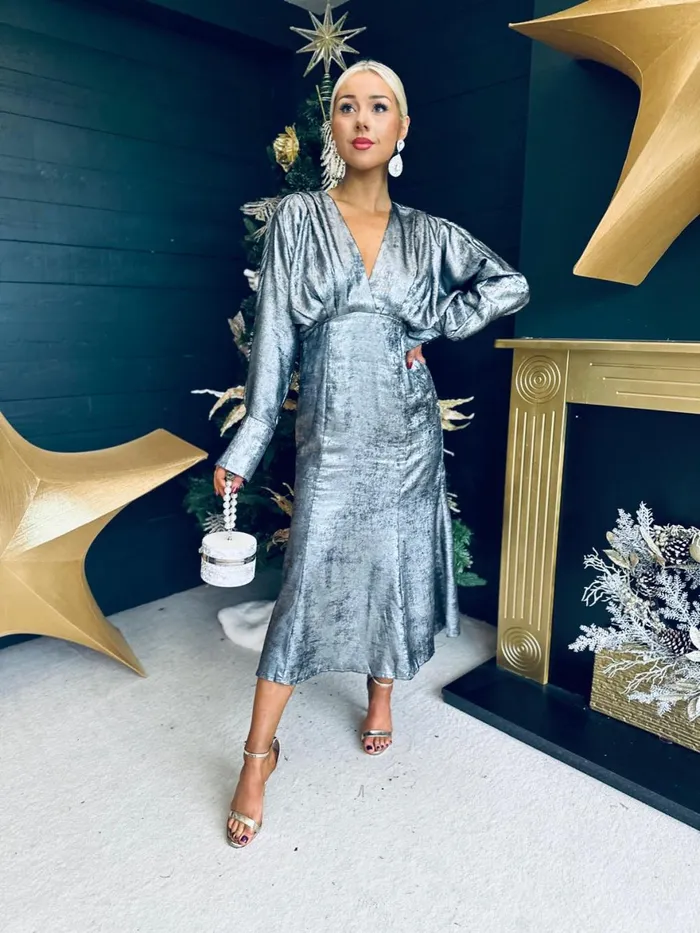 Women Day Dress Canella Lane Evana Batwing Metallic Midi Dress Silver