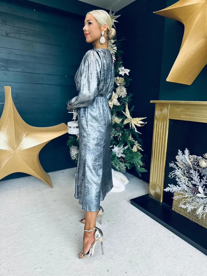 Women Day Dress Canella Lane Evana Batwing Metallic Midi Dress Silver