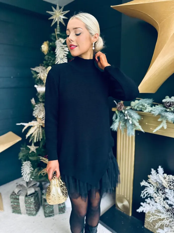 Women Day Dress Canella Lane Gina Knit and Lace Mini Dress Black