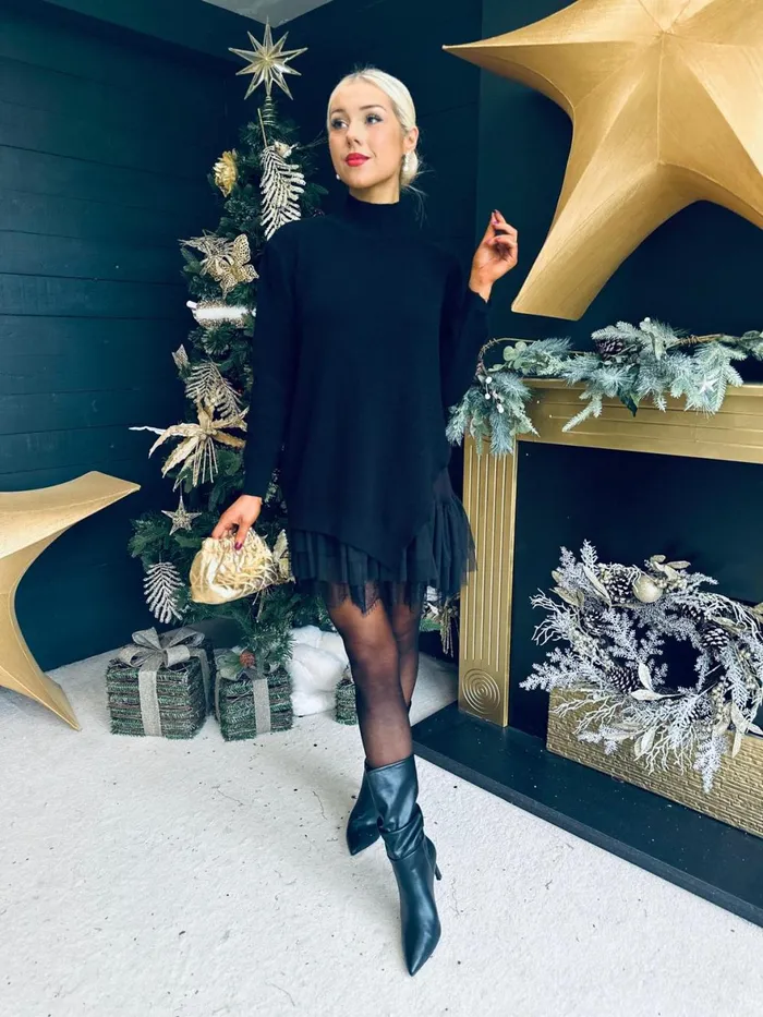 Women Day Dress Canella Lane Gina Knit and Lace Mini Dress Black