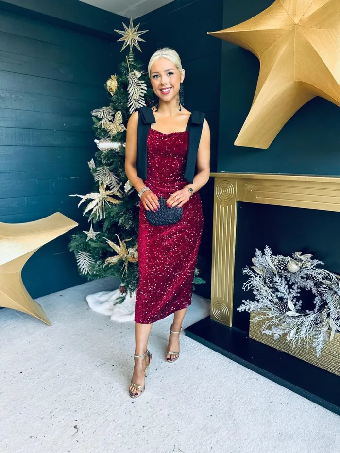 Women Day Dress Canella Lane Grace Bow Detail Sequin Midi Dress Burgundy