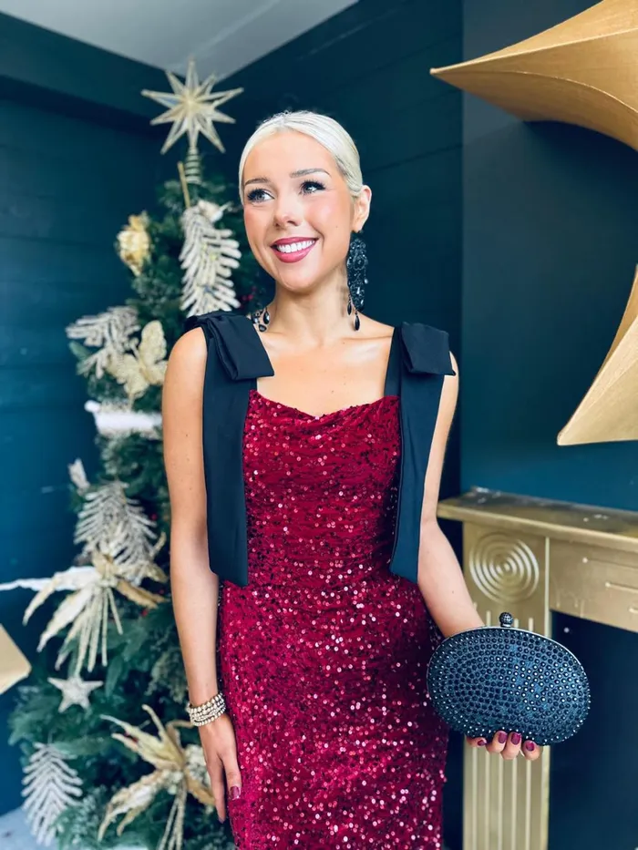 Women Day Dress Canella Lane Grace Bow Detail Sequin Midi Dress Burgundy