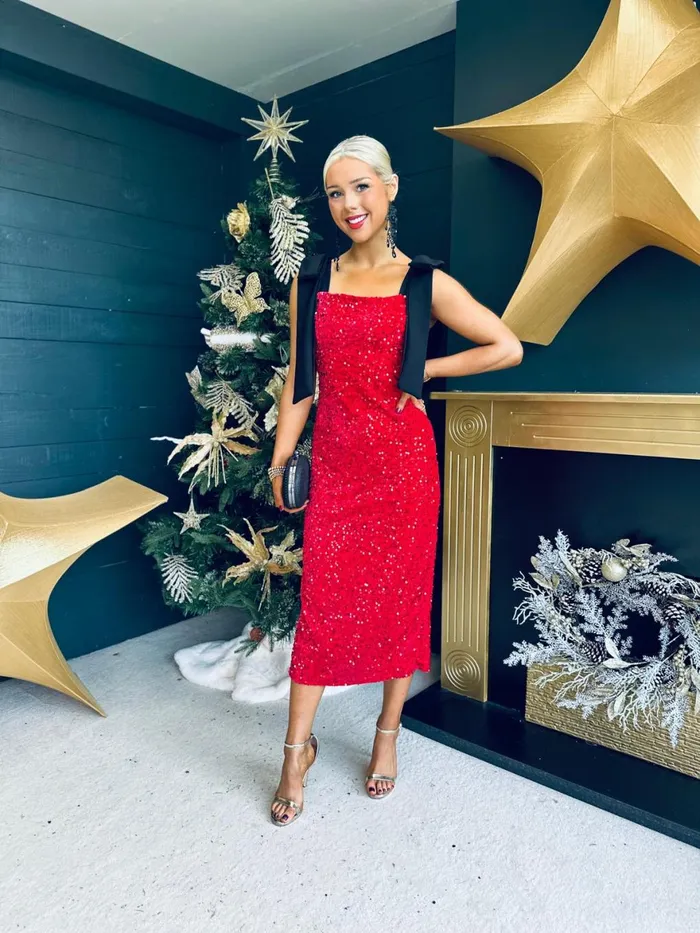 Women Day Dress Canella Lane Grace Bow Detail Sequin Midi Dress Red