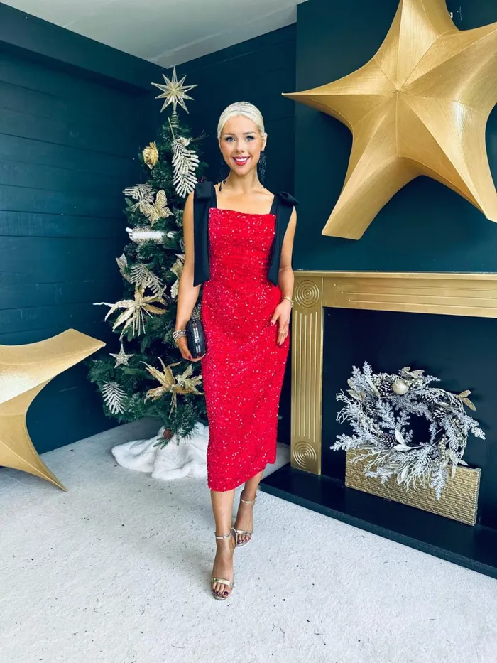 Women Day Dress Canella Lane Grace Bow Detail Sequin Midi Dress Red