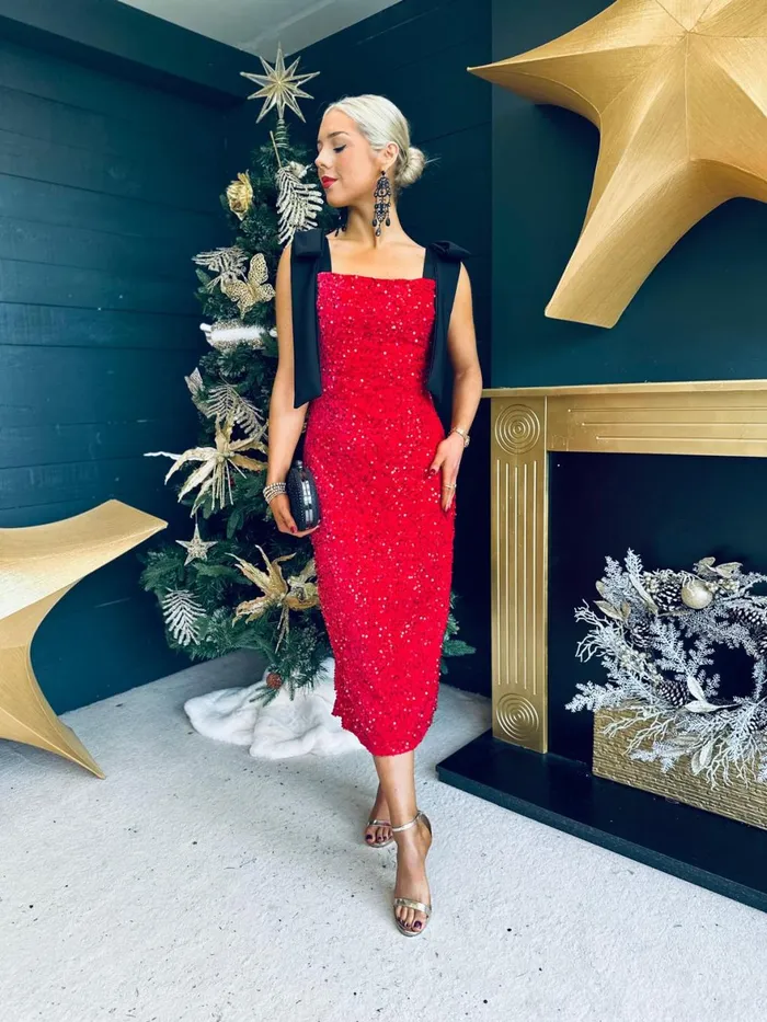 Women Day Dress Canella Lane Grace Bow Detail Sequin Midi Dress Red