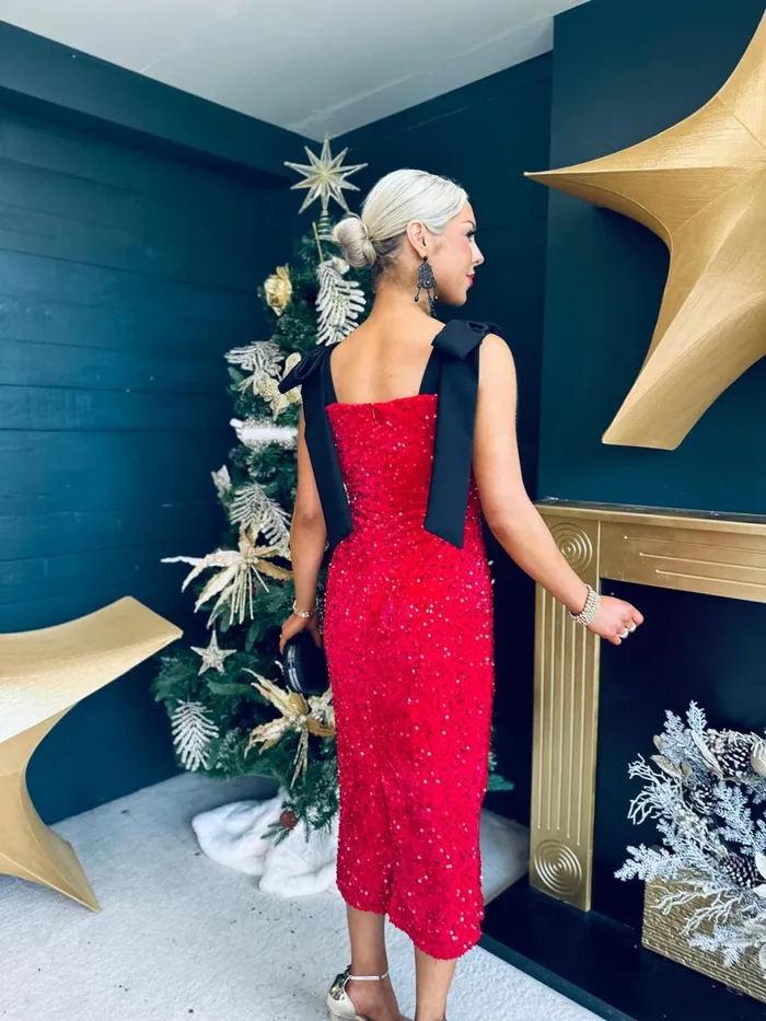 Women Day Dress Canella Lane Grace Bow Detail Sequin Midi Dress Red