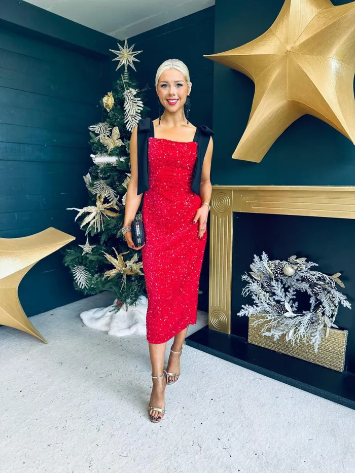 Women Day Dress Canella Lane Grace Bow Detail Sequin Midi Dress Red