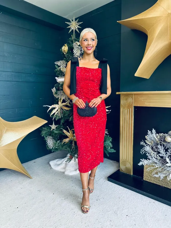 Women Day Dress Canella Lane Grace Bow Detail Sequin Midi Dress Red