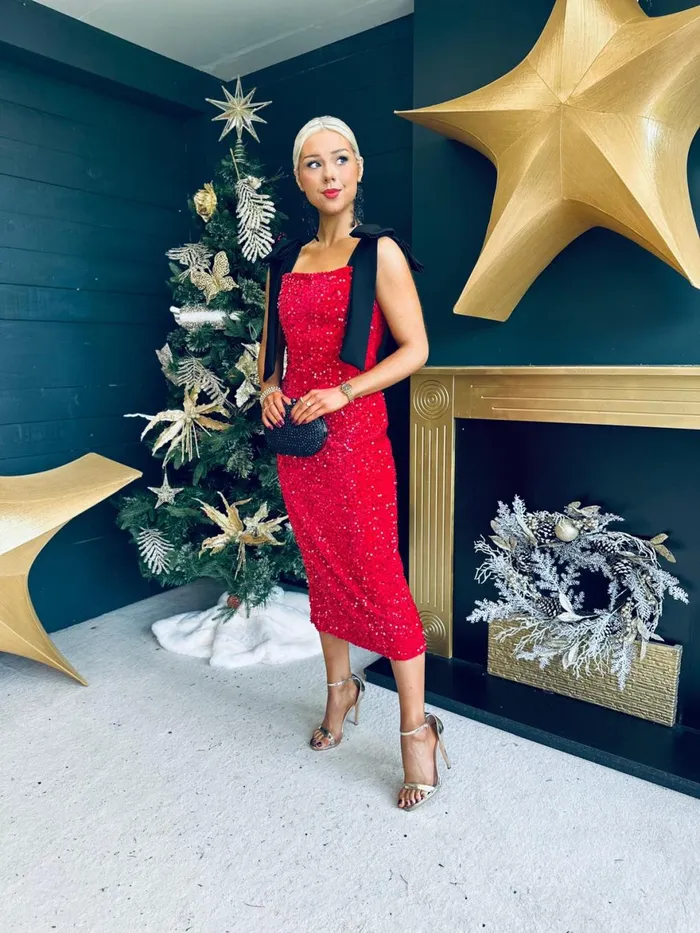 Women Day Dress Canella Lane Grace Bow Detail Sequin Midi Dress Red