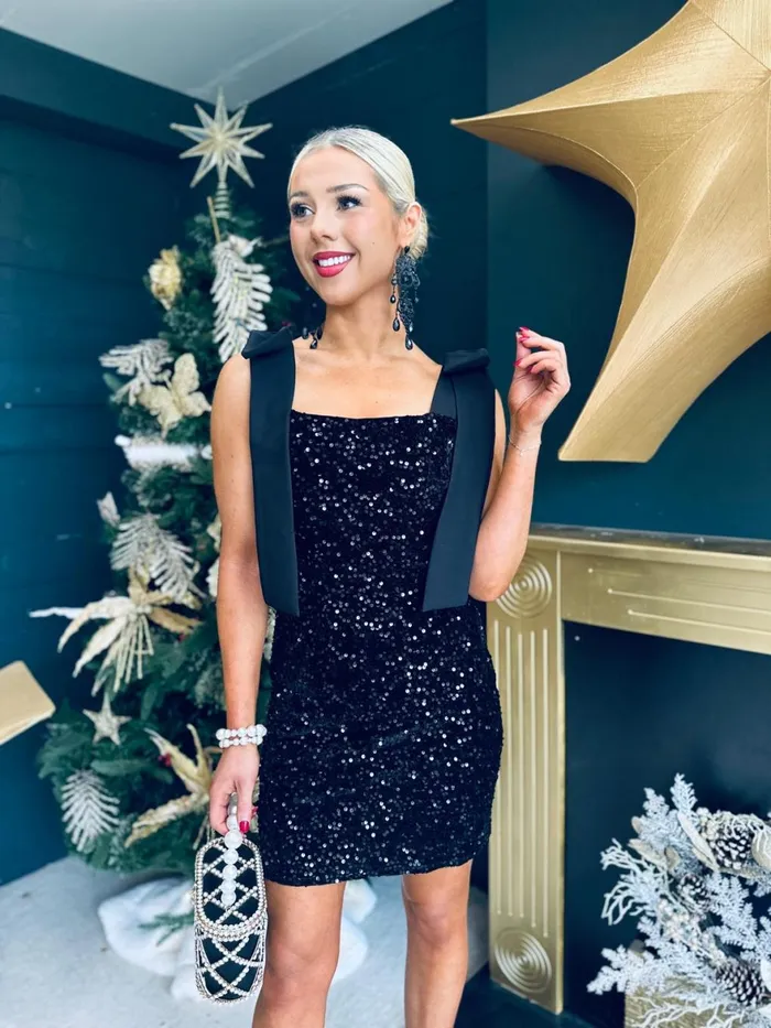 Women Day Dress Canella Lane Jude Bow Detail Sequin Mini Dress Black