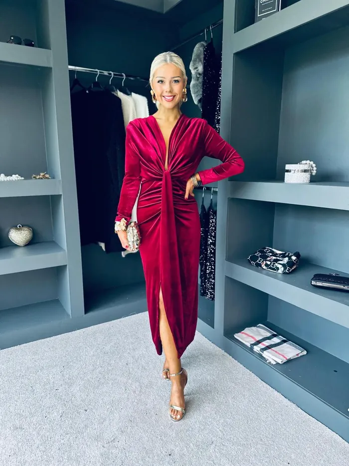 Women Day Dress Canella Lane Kelly Velvet Drape Detail Dress Wine