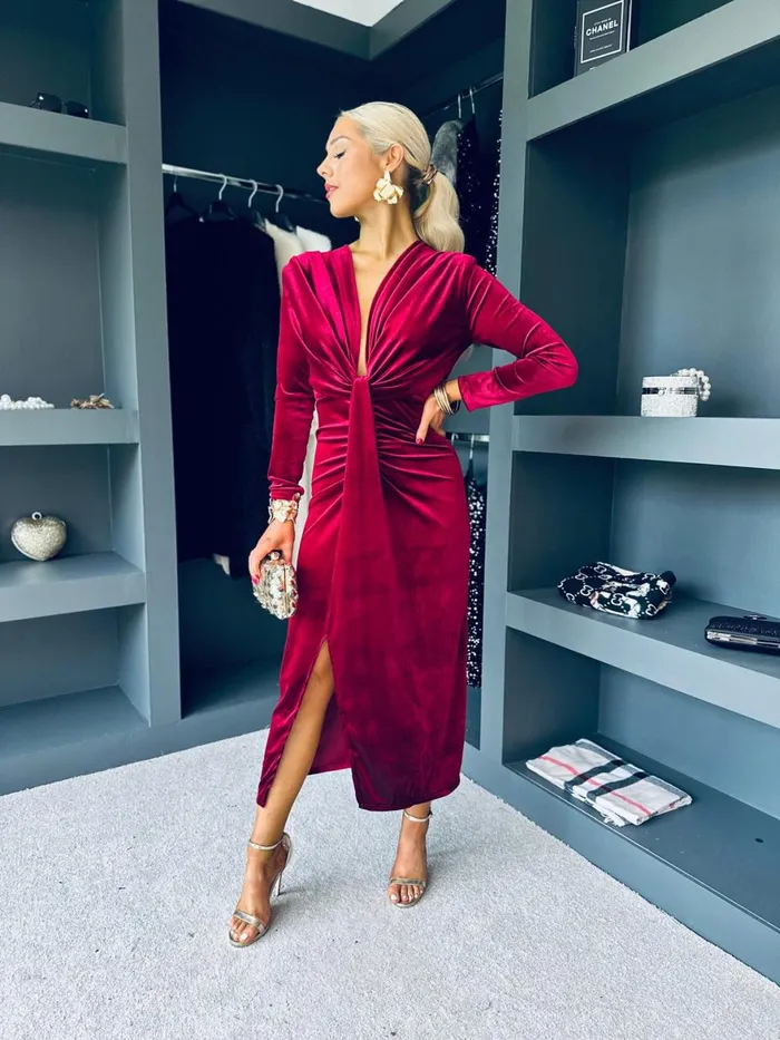 Women Day Dress Canella Lane Kelly Velvet Drape Detail Dress Wine