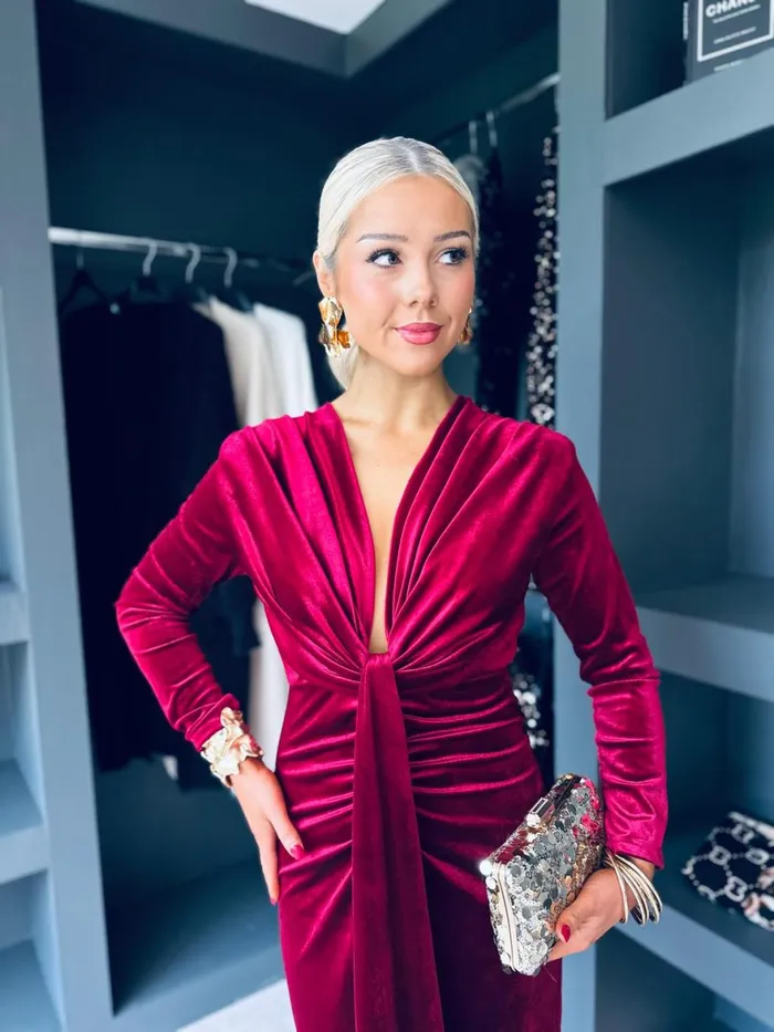 Women Day Dress Canella Lane Kelly Velvet Drape Detail Dress Wine