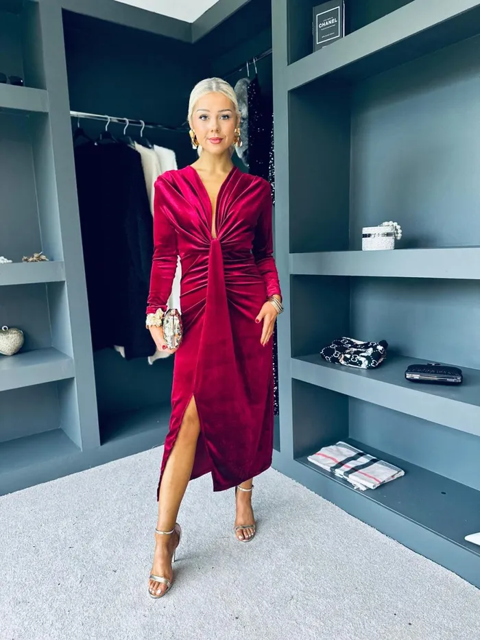 Women Day Dress Canella Lane Kelly Velvet Drape Detail Dress Wine