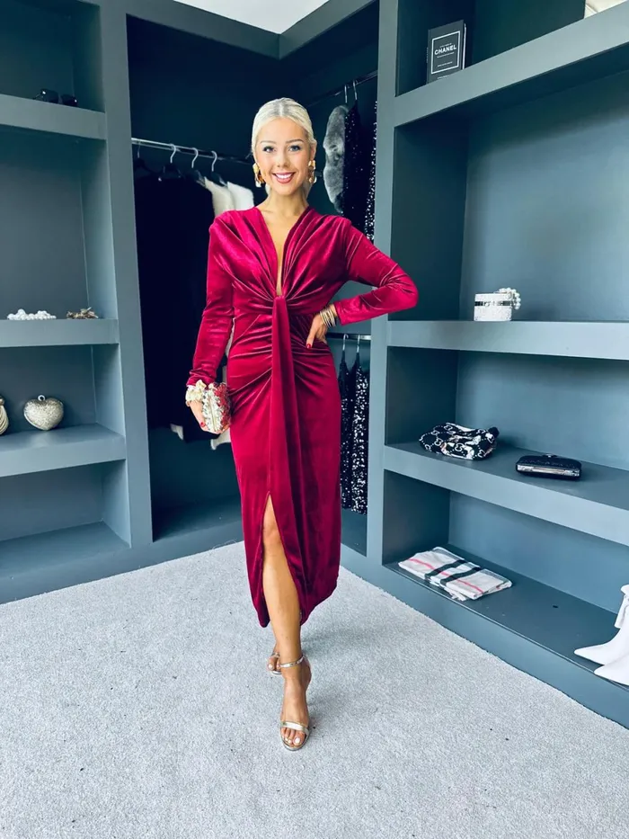 Women Day Dress Canella Lane Kelly Velvet Drape Detail Dress Wine