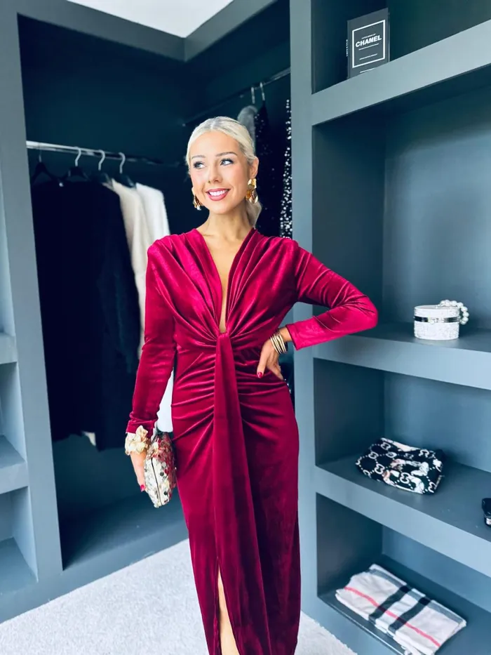 Women Day Dress Canella Lane Kelly Velvet Drape Detail Dress Wine