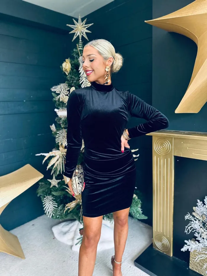 Women Day Dress Canella Lane Ruth High Neck Velvet Mini Dress Black