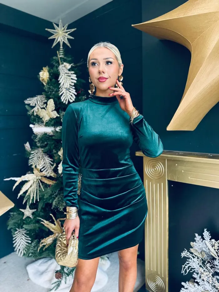 Women Day Dress Canella Lane Ruth High Neck Velvet Mini Dress Forest