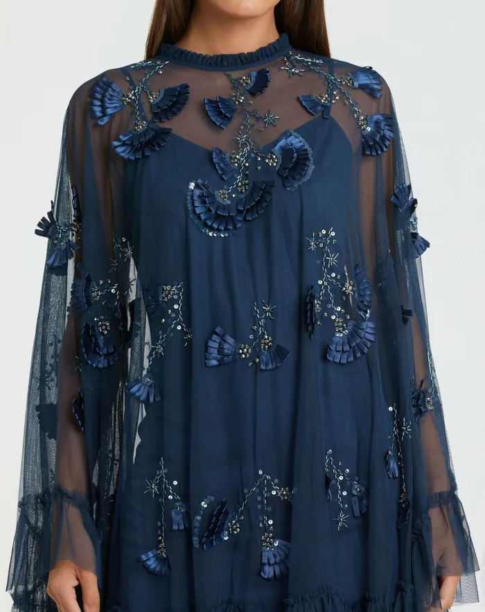 Women Daytime Dresses Mac Duggal Blue Embellished Long Flare Sleeve Mesh ALine Dress Twilight