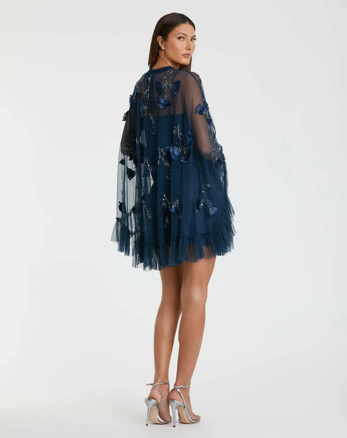 Women Daytime Dresses Mac Duggal Blue Embellished Long Flare Sleeve Mesh ALine Dress Twilight