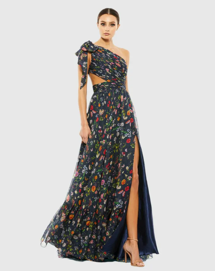 Women Daytime Dresses Mac Duggal Blue Tied One Shoulder CutOut Flowy Gown NavyMulti