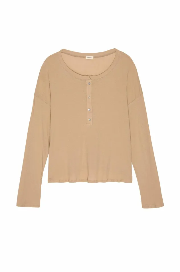 Women DONNI Tops Rib Henley Long Sleeve