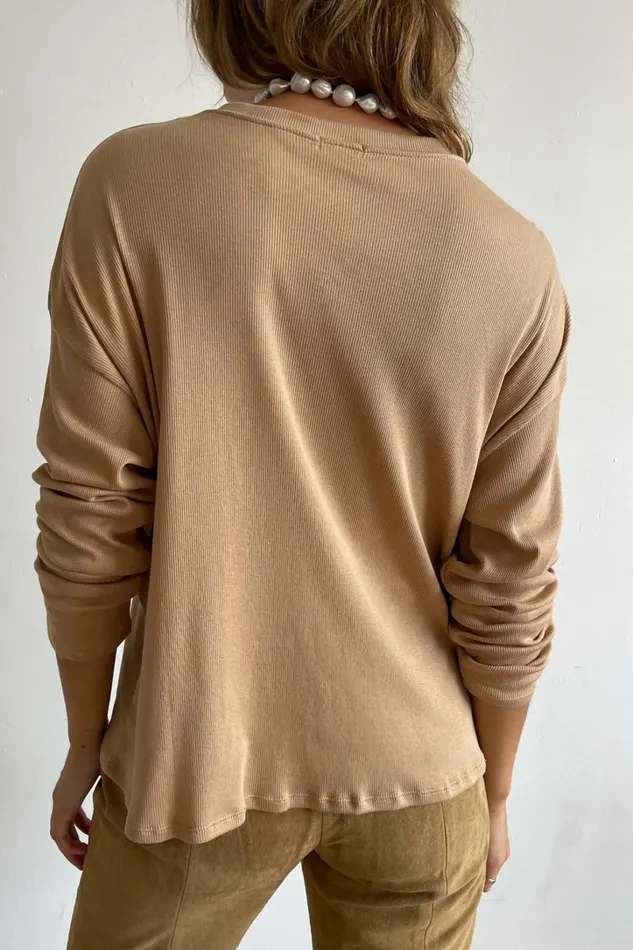 Women DONNI Tops Rib Henley Long Sleeve
