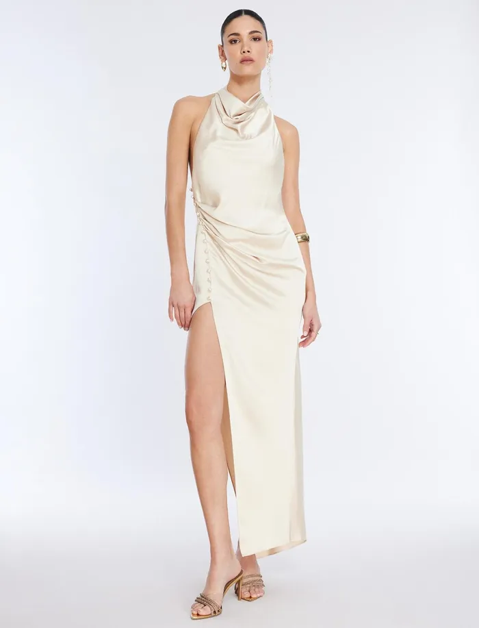 Women Dresses BCBG Keziah Draped Halter Gown Champagne