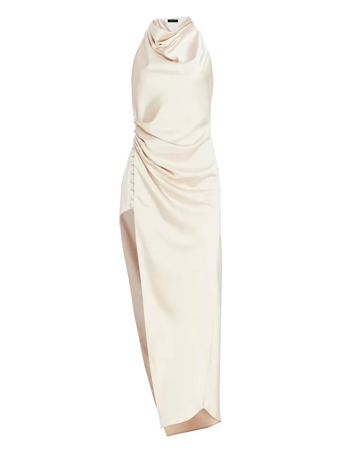 Women Dresses BCBG Keziah Draped Halter Gown Champagne