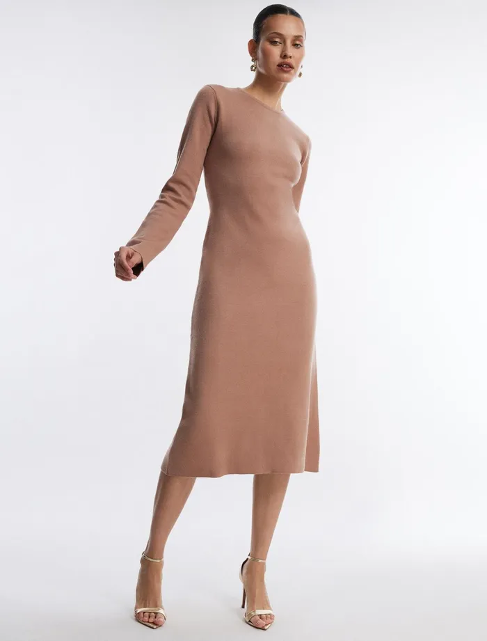 Women Dresses BCBG Wilbur Long Sleeve Knit Dress Camel