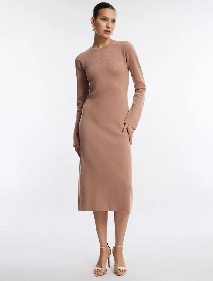 Women Dresses BCBG Wilbur Long Sleeve Knit Dress Camel