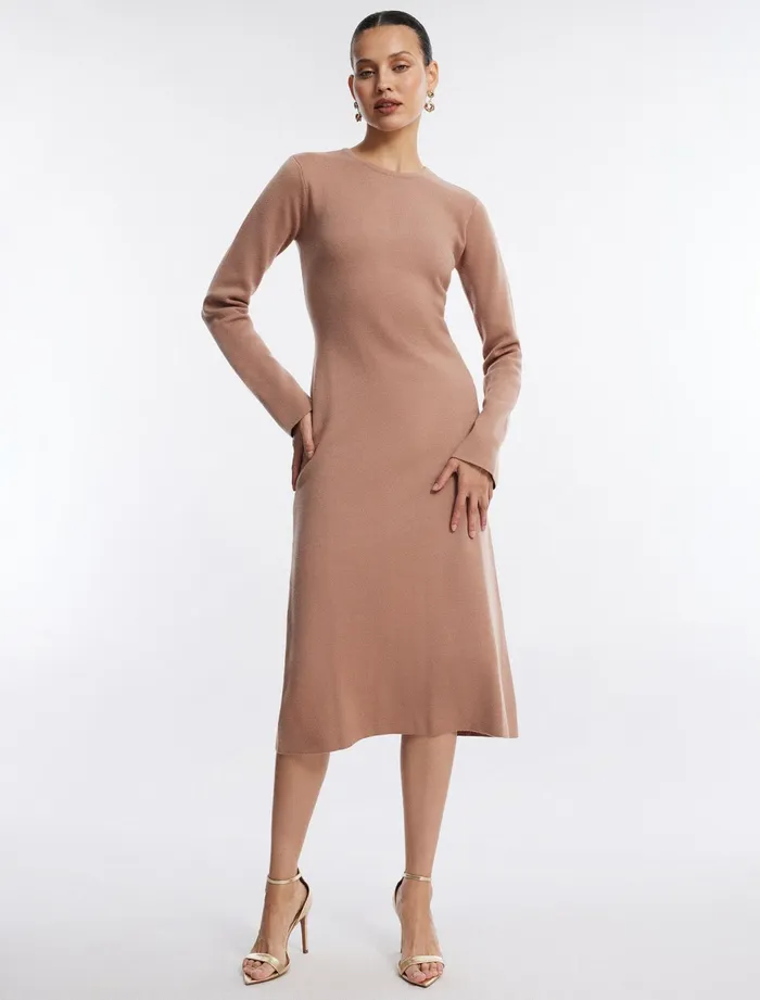 Women Dresses BCBG Wilbur Long Sleeve Knit Dress Camel