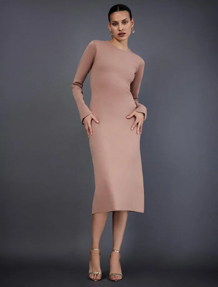 Women Dresses BCBG Wilbur Long Sleeve Knit Dress Camel