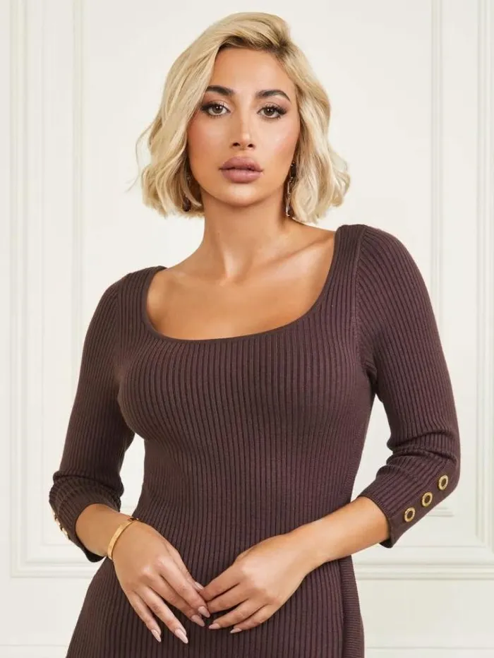 Women Dresses Marciano Eco Flora Ribbed Sweater Dress Dark Bourbon Women Dresses Marciano Eco Flora Ribbed Sweater Dress Dark Bourbon