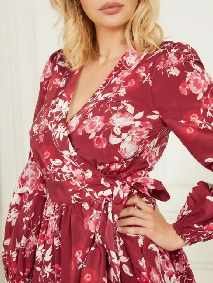 Women Dresses Marciano Petal Pose Wrap Dress Petal Pose Dark Jam Red Women Dresses Marciano Petal Pose Wrap Dress Petal Pose Dark Jam Red