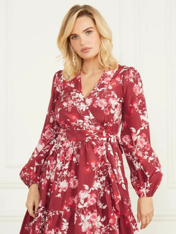 Women Dresses Marciano Petal Pose Wrap Dress Petal Pose Dark Jam Red Women Dresses Marciano Petal Pose Wrap Dress Petal Pose Dark Jam Red