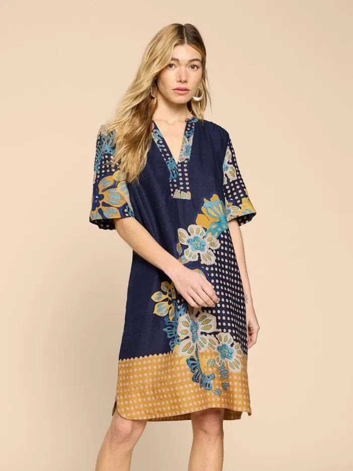 Women DRESSES White Stuff June Shift Linen Dress Navy Print
