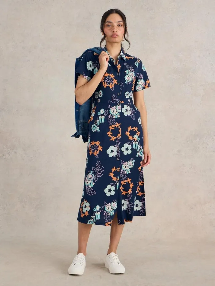 Women DRESSES White Stuff Rua Jersey Shirt Midi Dress Navy Print