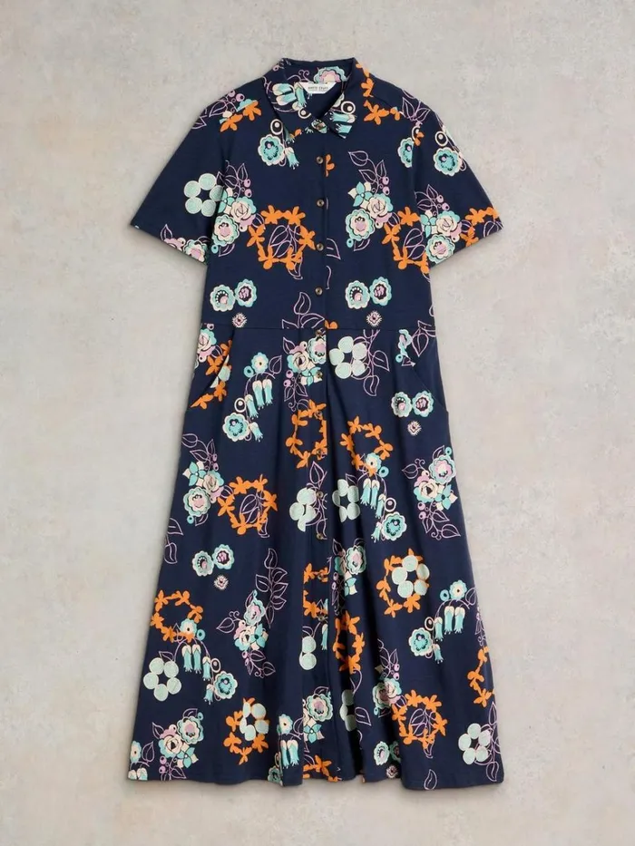 Women DRESSES White Stuff Rua Jersey Shirt Midi Dress Navy Print Women DRESSES White Stuff Rua Jersey Shirt Midi Dress Navy Print