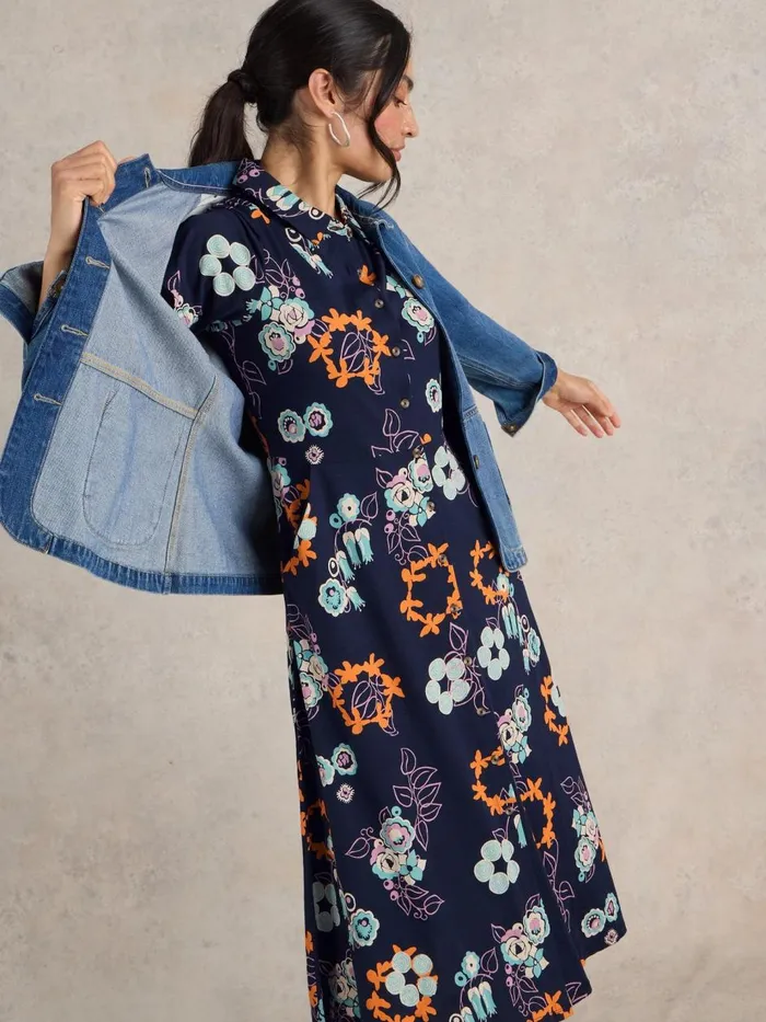Women DRESSES White Stuff Rua Jersey Shirt Midi Dress Navy Print Women DRESSES White Stuff Rua Jersey Shirt Midi Dress Navy Print