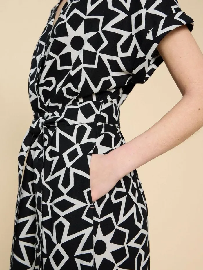 Women DRESSES White Stuff Sophie Linen Blend Wrap Dress Black Print