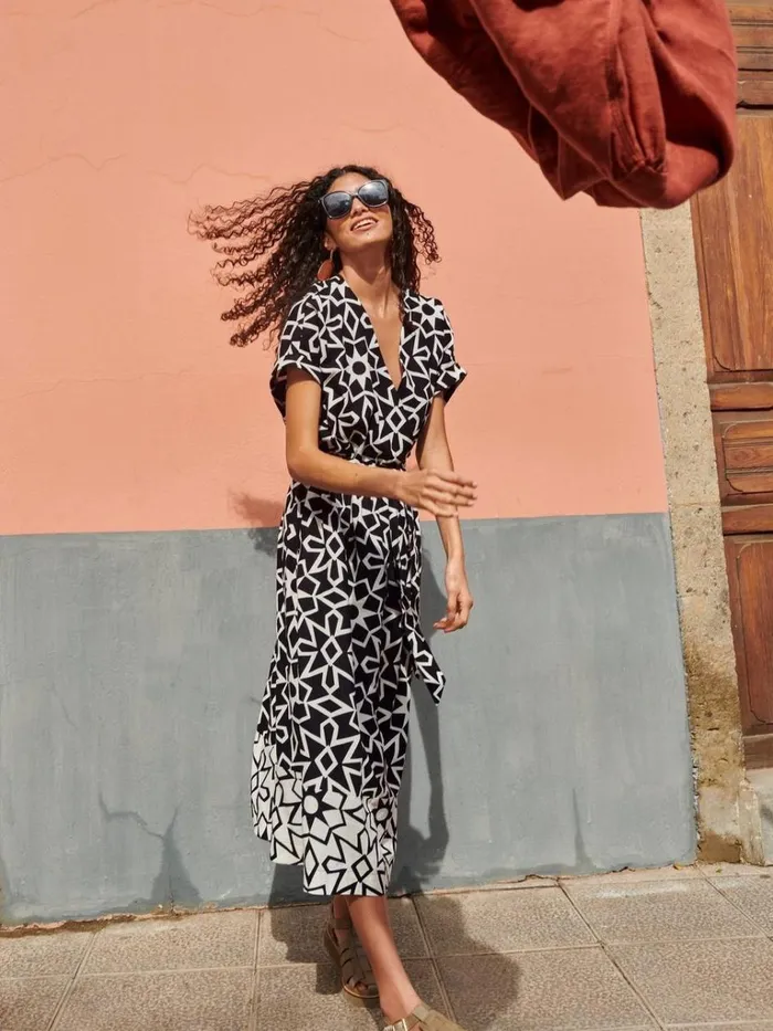 Women DRESSES White Stuff Sophie Linen Blend Wrap Dress Black Print
