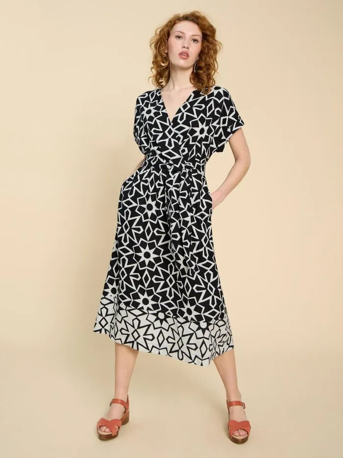 Women DRESSES White Stuff Sophie Linen Blend Wrap Dress Black Print