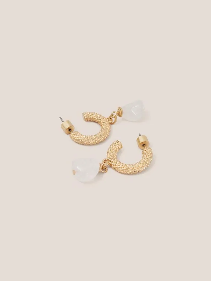 Women EARRINGS White Stuff Textured Hoop Stone Earrings Gold Tone Metallic