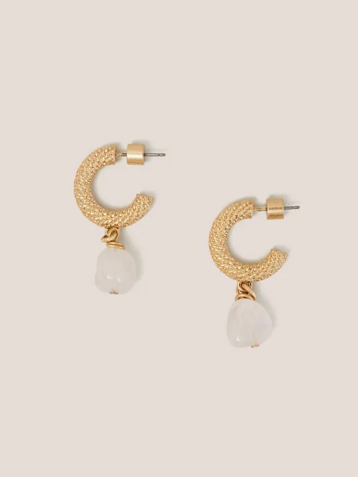 Women EARRINGS White Stuff Textured Hoop Stone Earrings Gold Tone Metallic Women EARRINGS White Stuff Textured Hoop Stone Earrings Gold Tone Metallic