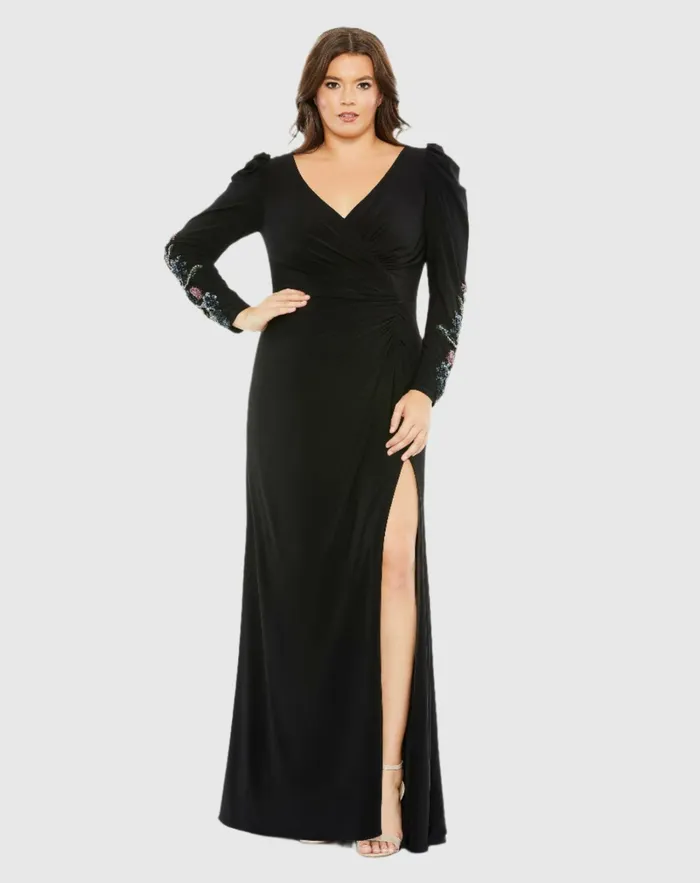 Women Embellished Long Sleeve Faux Wrap Gown Plus Black Plus Size Dresses Mac Duggal
