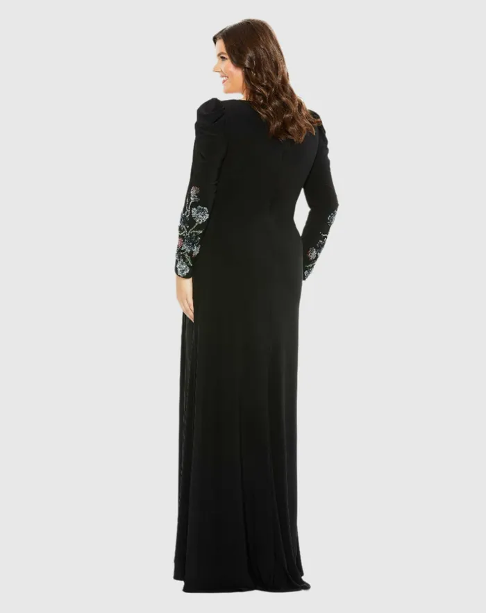 Women Embellished Long Sleeve Faux Wrap Gown Plus Black Plus Size Dresses Mac Duggal