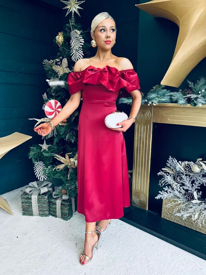 Women Evening Dress Canella Lane Angel Bardot Midi Dress Wine